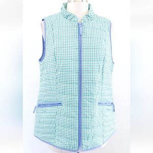 Talbots Green White Gingham Plaid Blue Trimmed Quilted Vest Zip Front Size Small